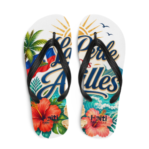 Easy, lightweight flip-flops made for vacation, beach days, and Haitian pride. The Haiti La Perle Des Antilles design adds bold island energy to your warm-weather essentials.